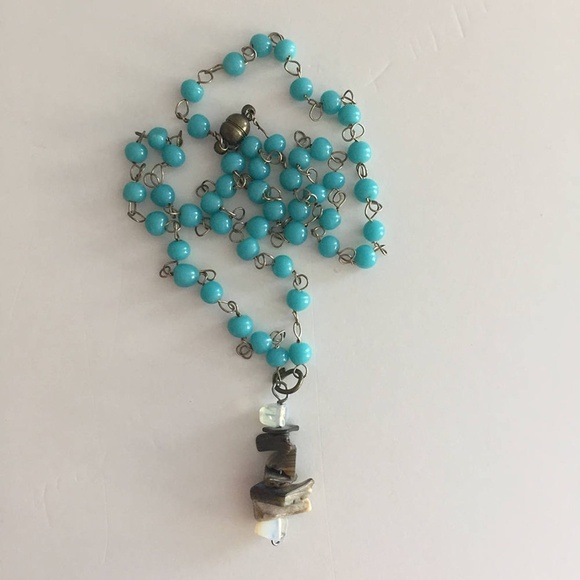 Colorful blue Y-necklace with opal and jasper gemstone pendant - faux turquoise - Picture 5 of 5